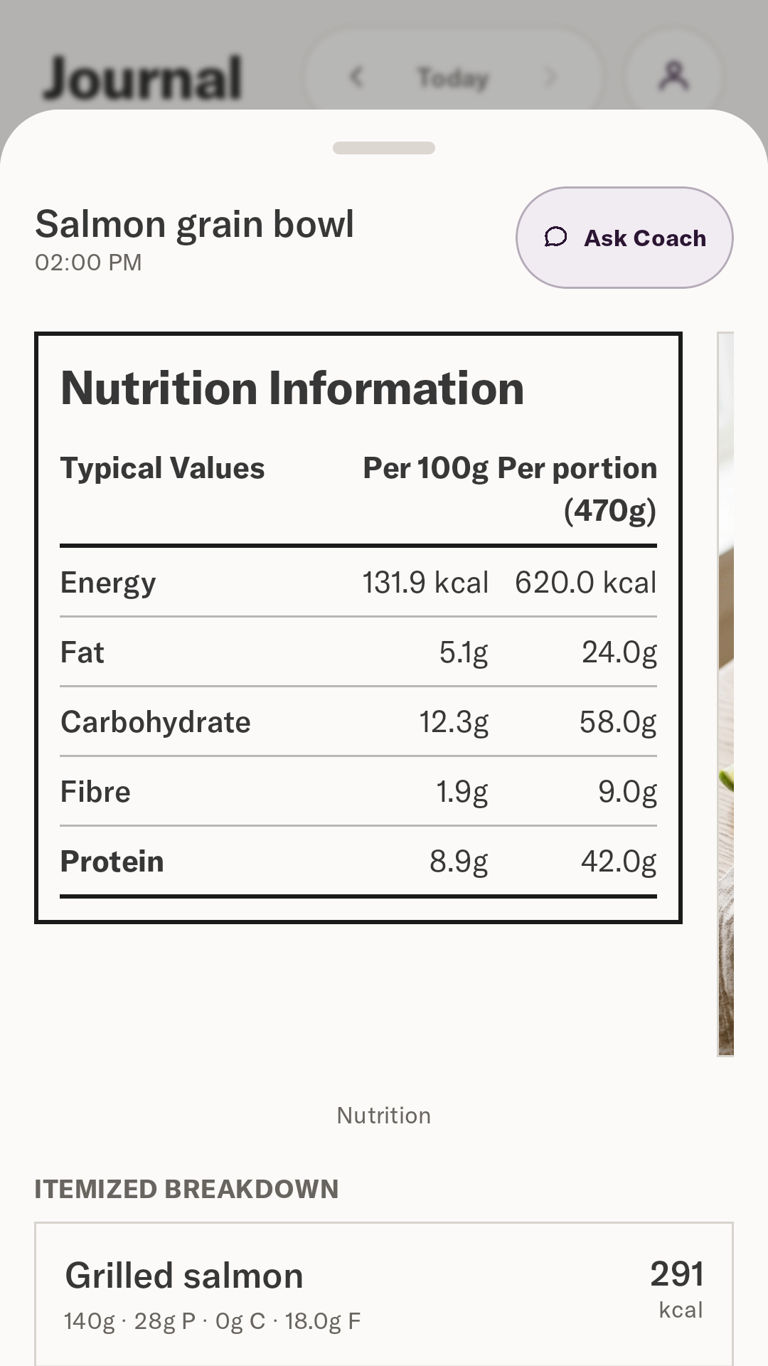 Mira’s English meal nutrition panel with estimated calories and nutrients.